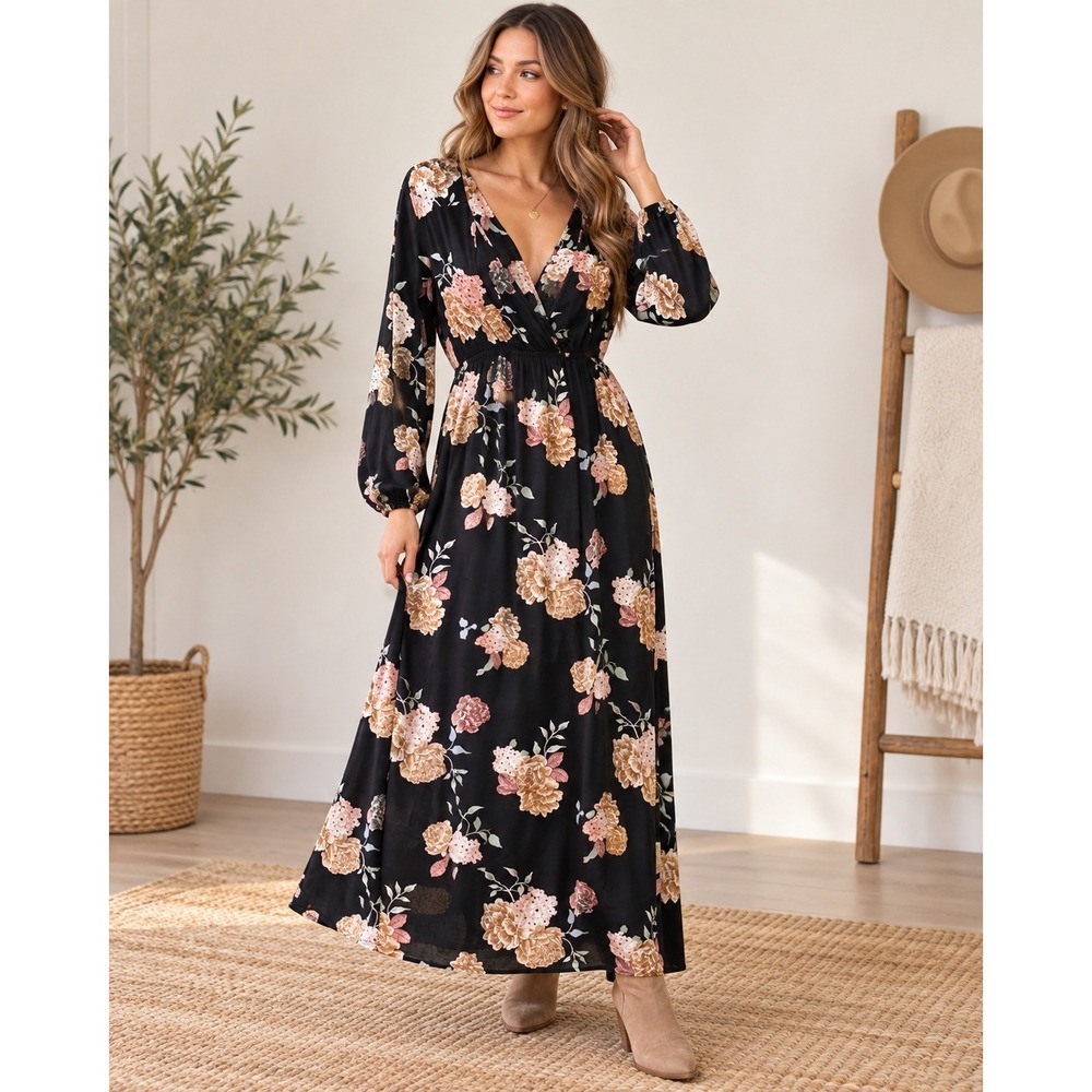 Lovestitch Black Floral Cottagecore Fall Maxi Dress Long Sleeve Empire Waist M